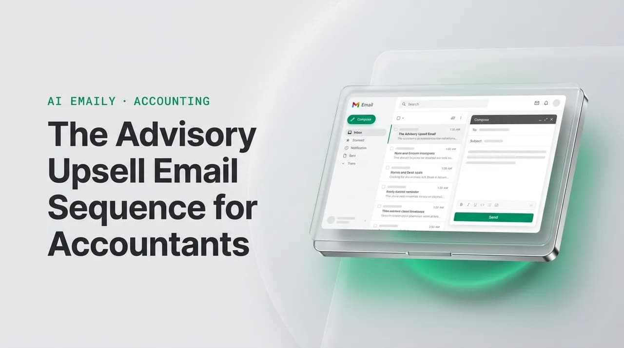 AI Emaily blog cover for advisory upsell email accounting clients, showing an AI email client on a laptop with the headline The Advisory Upsell Email Sequence for Accountants