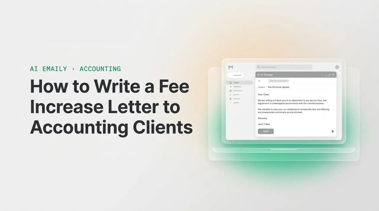 AI Emaily blog cover for accounting fee increase letter, showing an AI email client on a laptop with the headline How to Write a Fee Increase Letter to Accounting Clients