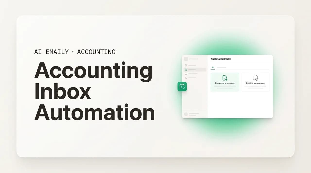 AI Emaily blog cover for accounting inbox automation, showing an inbox that stops chasing documents