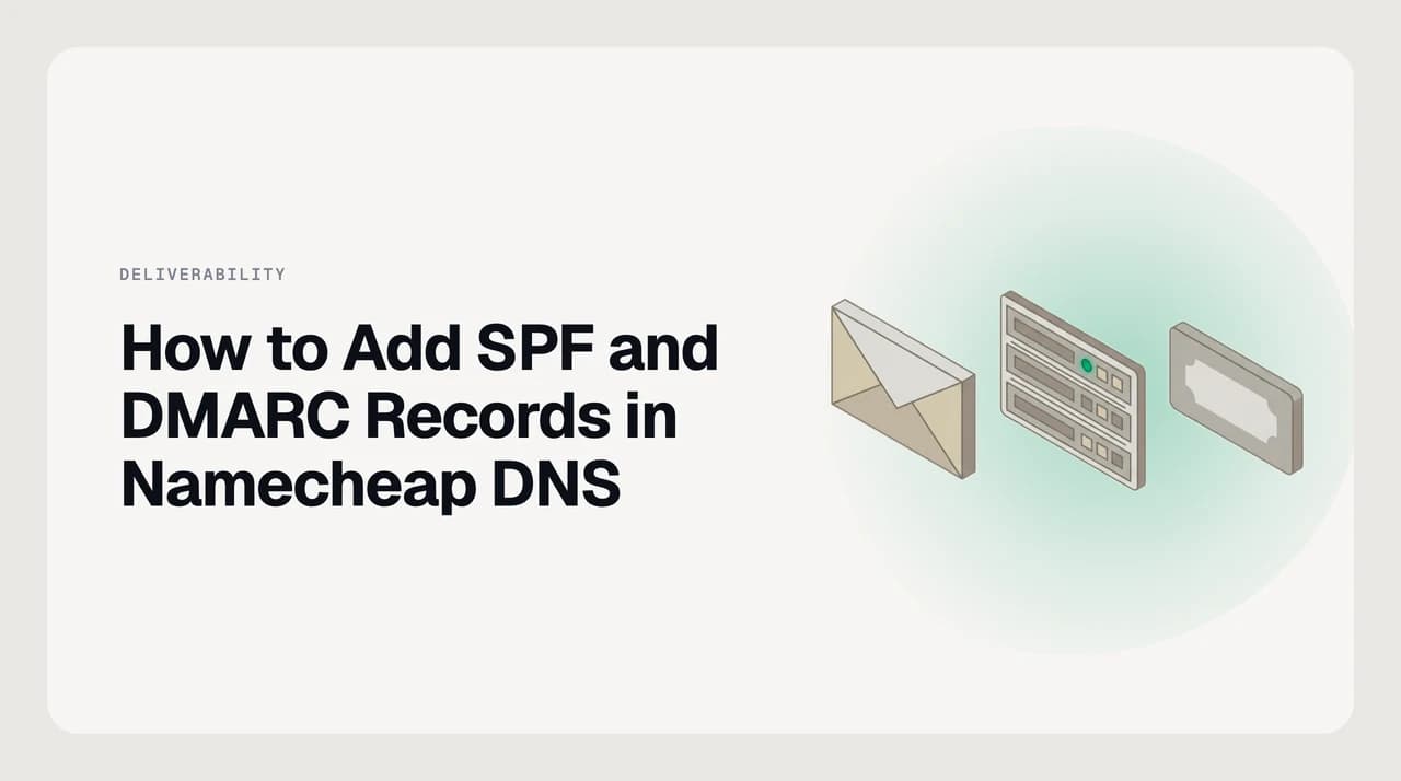 AI Emaily blog cover for adding SPF and DMARC records in Namecheap DNS, showing email authentication TXT records on the Namecheap Advanced DNS tab