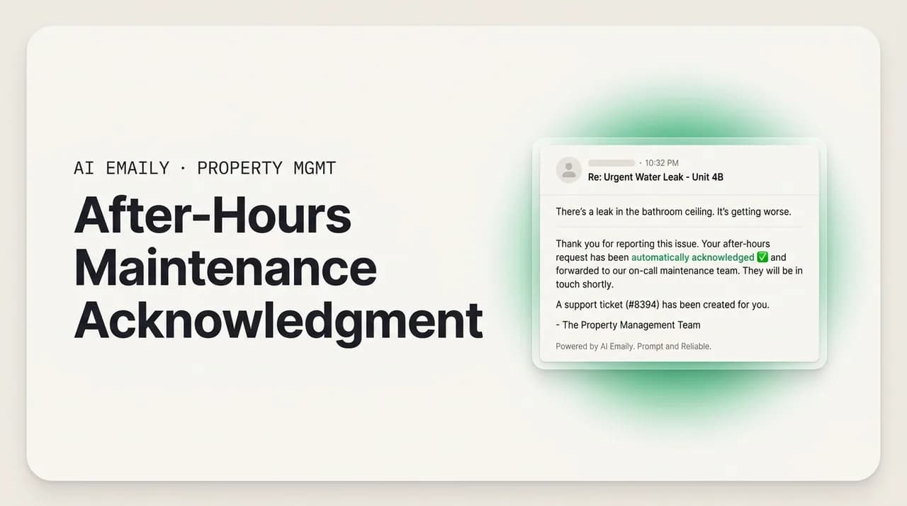 AI Emaily blog cover for after-hours maintenance request acknowledgment, showing a tenant request auto-acknowledged