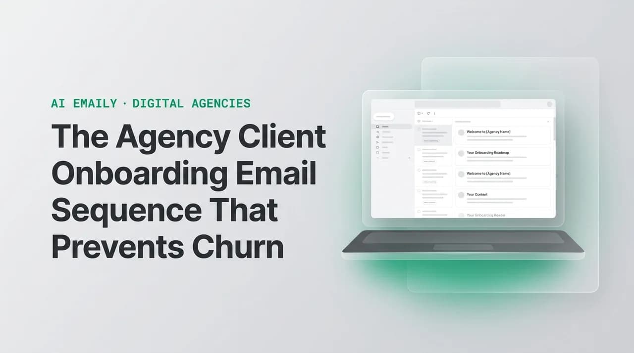 AI Emaily blog cover for agency client onboarding email sequence, showing an AI email client on a laptop with the headline The Agency Client Onboarding Email Sequence That Prevents Churn