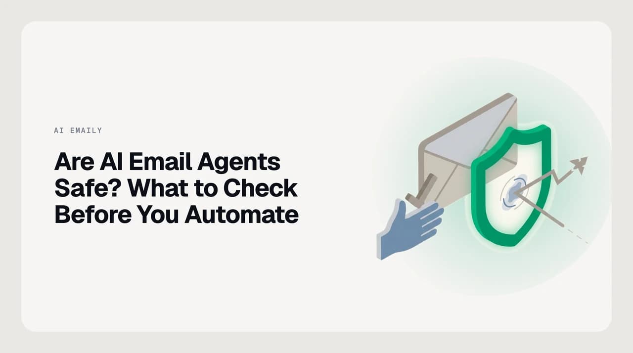 Illustration of AI email agent safety controls: a person approving an agent's drafted reply, with an audit log, an undo button, and a shield blocking prompt injection.