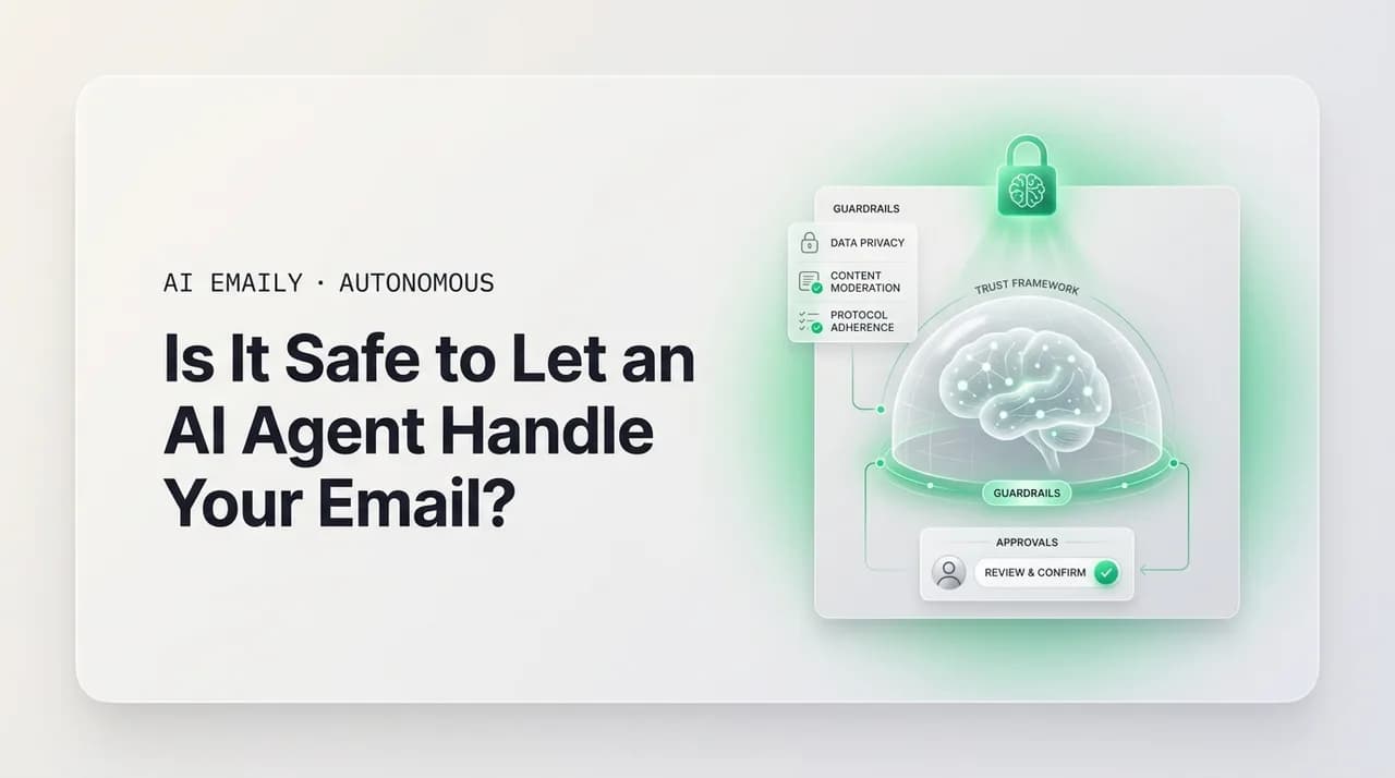 AI Emaily blog cover for AI email agent safety, showing an AI agent inside a trust and guardrail framework