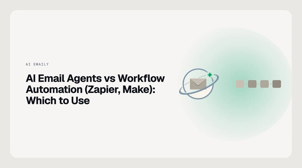 Illustration comparing an AI email agent working inside an inbox against a Zapier or Make.com workflow automation pipeline moving data between external apps