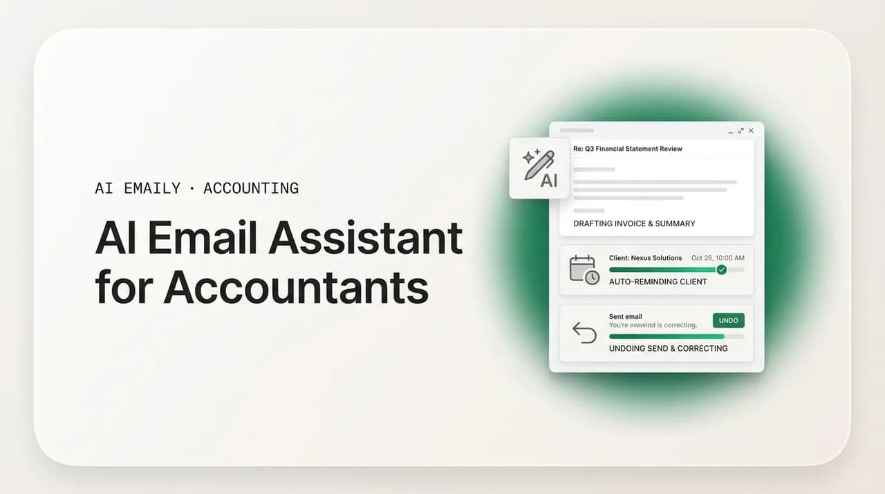AI Emaily blog cover for an AI email assistant for accountants, showing AI drafts and auto-reminders