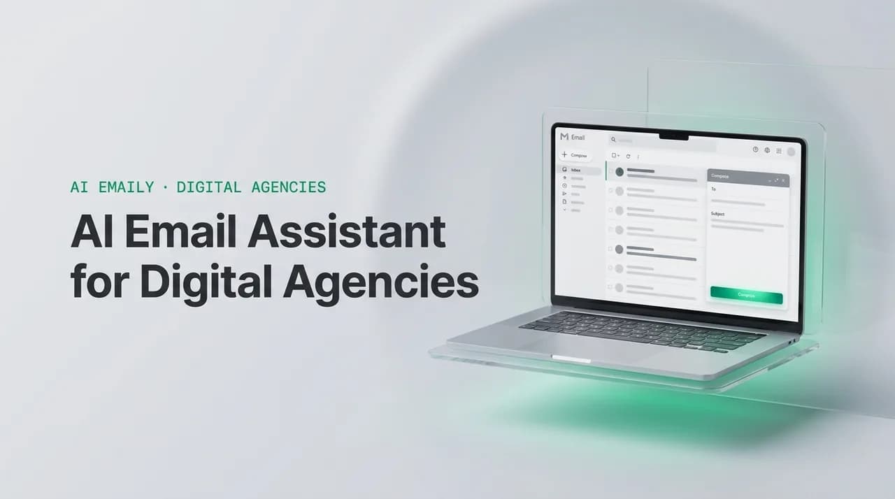 AI Emaily blog cover for ai email assistant for digital agencies, showing an AI email client on a laptop with the headline AI Email Assistant for Digital Agencies
