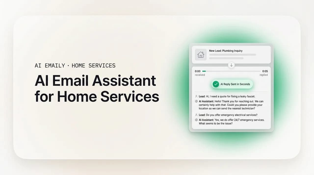 AI Emaily blog cover for an AI email assistant for home services, showing AI replying to leads in seconds
