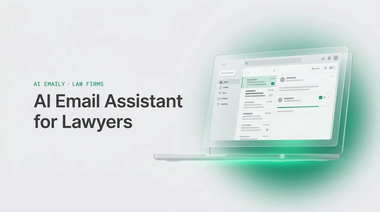 AI Emaily blog cover for ai email assistant for lawyers, showing an AI email client on a laptop with the headline AI Email Assistant for Lawyers