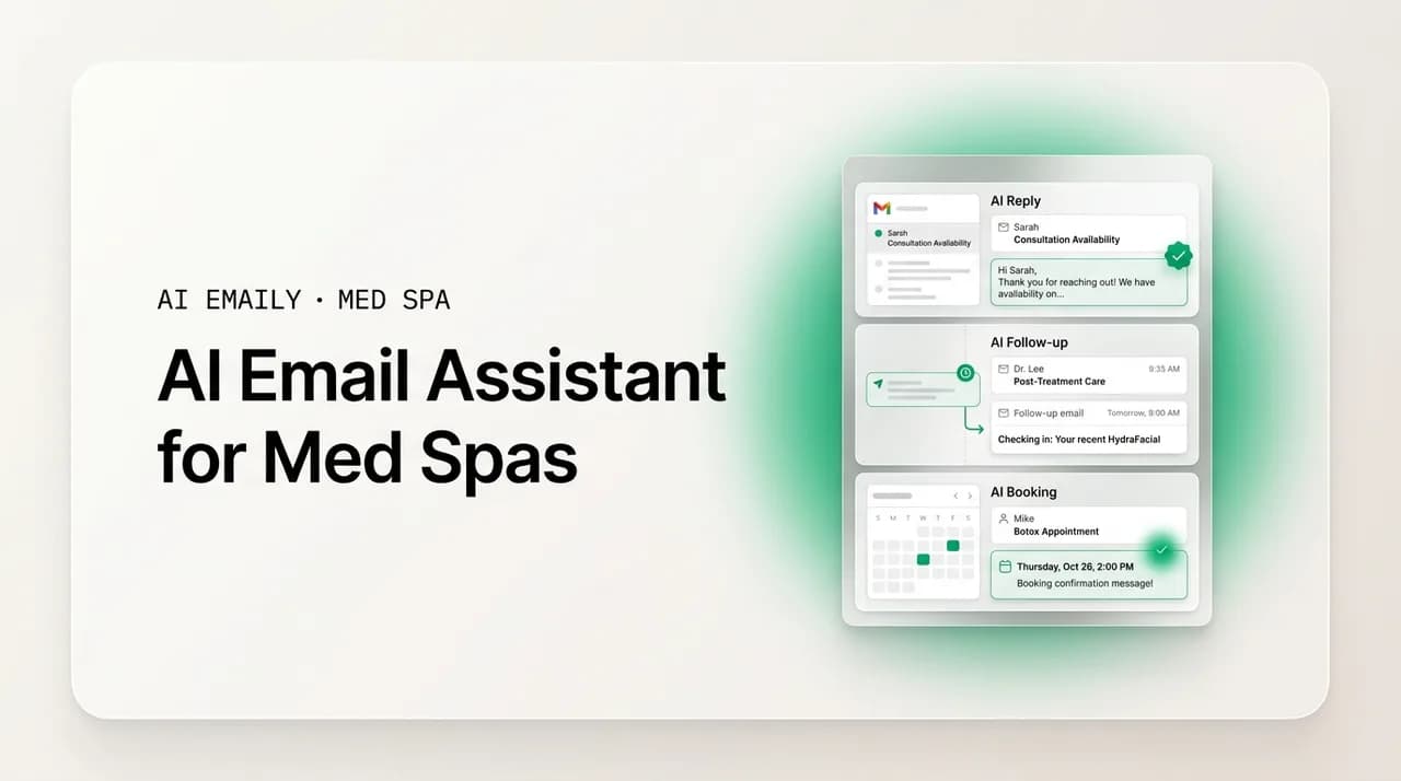 AI Emaily blog cover for an AI email assistant for med spas, showing AI replying and booking