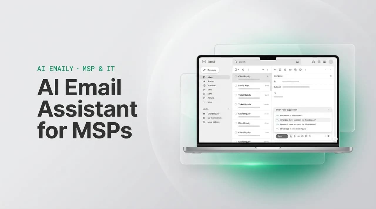 AI Emaily blog cover for AI email assistant for MSP, showing an AI email client on a laptop with the headline AI Email Assistant for MSPs
