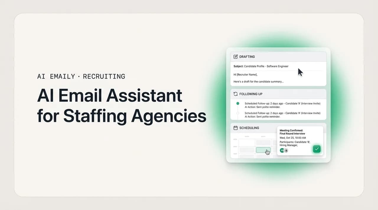 AI Emaily blog cover for an AI email assistant for staffing agencies, showing AI drafting and scheduling