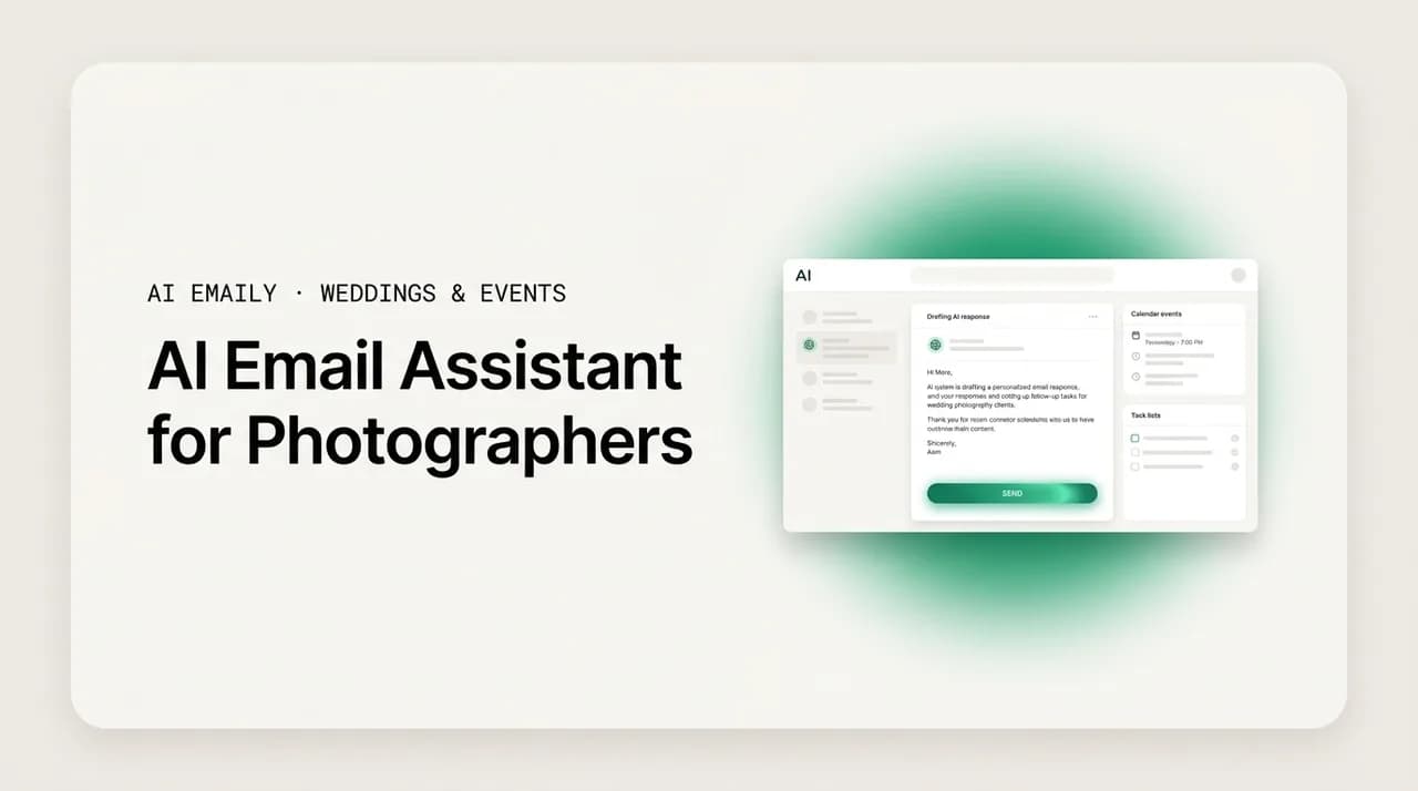 AI Emaily blog cover for an AI email assistant for wedding photographers, showing AI drafting and follow-up