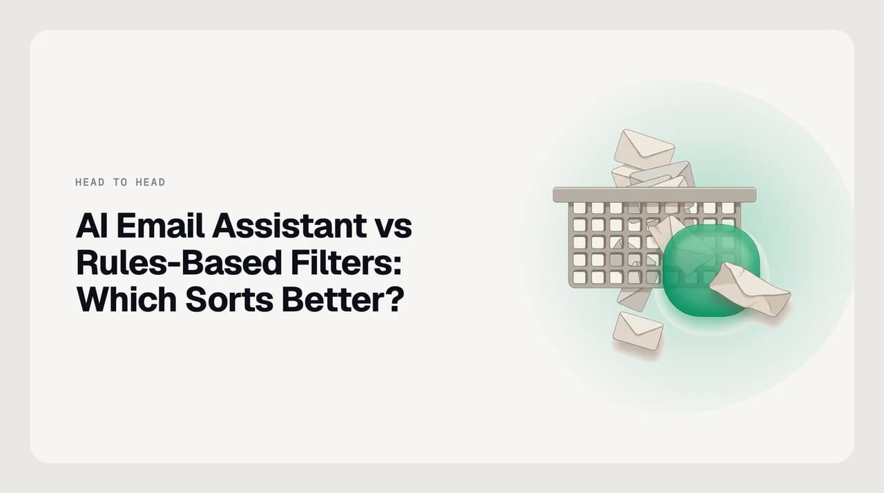 Diagram contrasting rules-based email filter logic (a decision tree with field conditions) against AI email assistant classification (a neural network reading message meaning) for inbox sorting