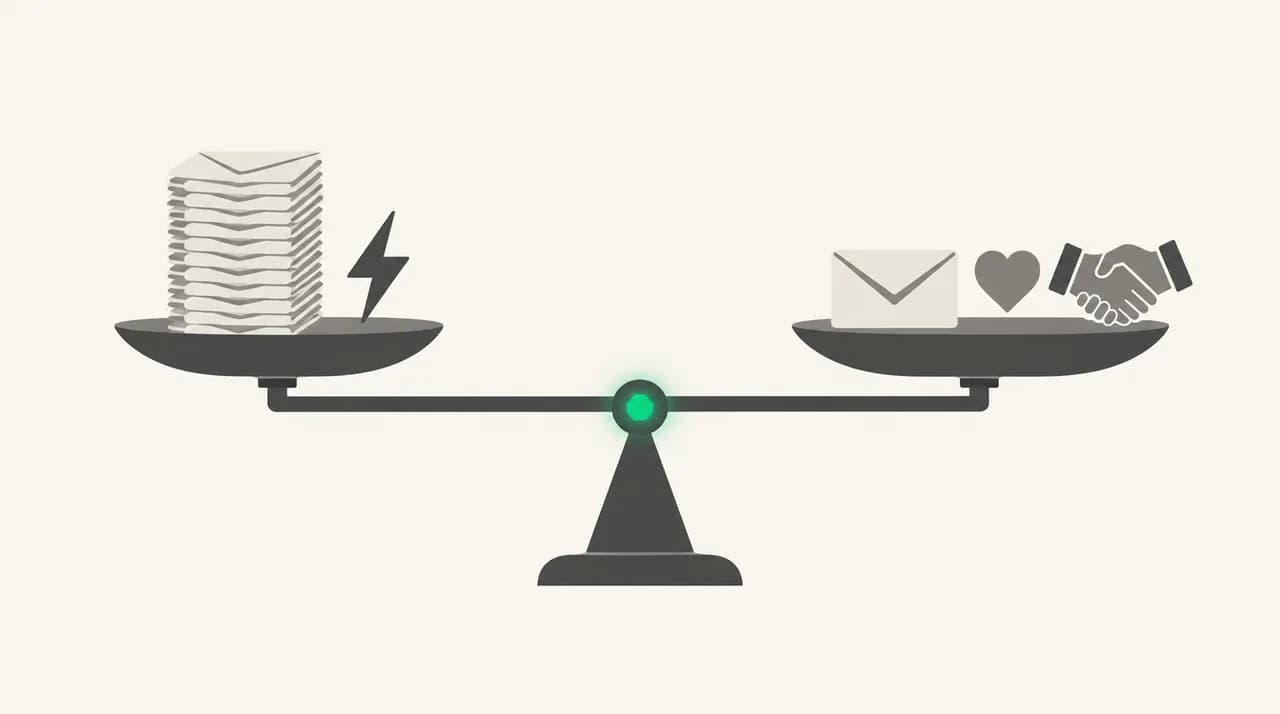 A level balance scale: a tall stack of envelopes and a lightning bolt on one pan for speed and volume, a single envelope, a heart and a handshake on the other for judgement and relationships, with a green pivot in the middle