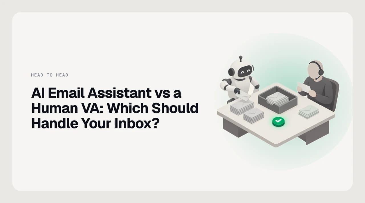 A shared desk with an inbox tray in the middle: a small robot sorts envelopes into stacks on one side, a person with a headset reads one letter carefully on the other, and a green approval button sits between them