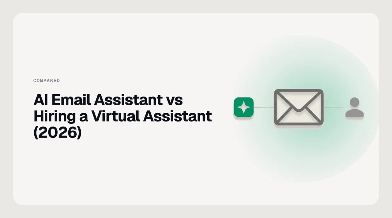 A founder's inbox splitting into two paths — one routed to a human virtual assistant, one to an AI email agent with an approval gate
