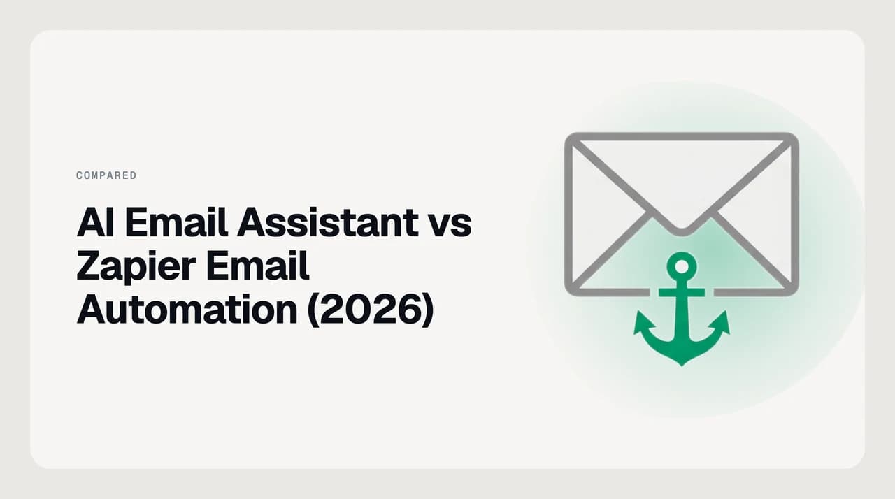AI email assistant vs Zapier email automation comparison — an AI assistant drafting a reply next to a Zapier-style workflow moving email data between apps