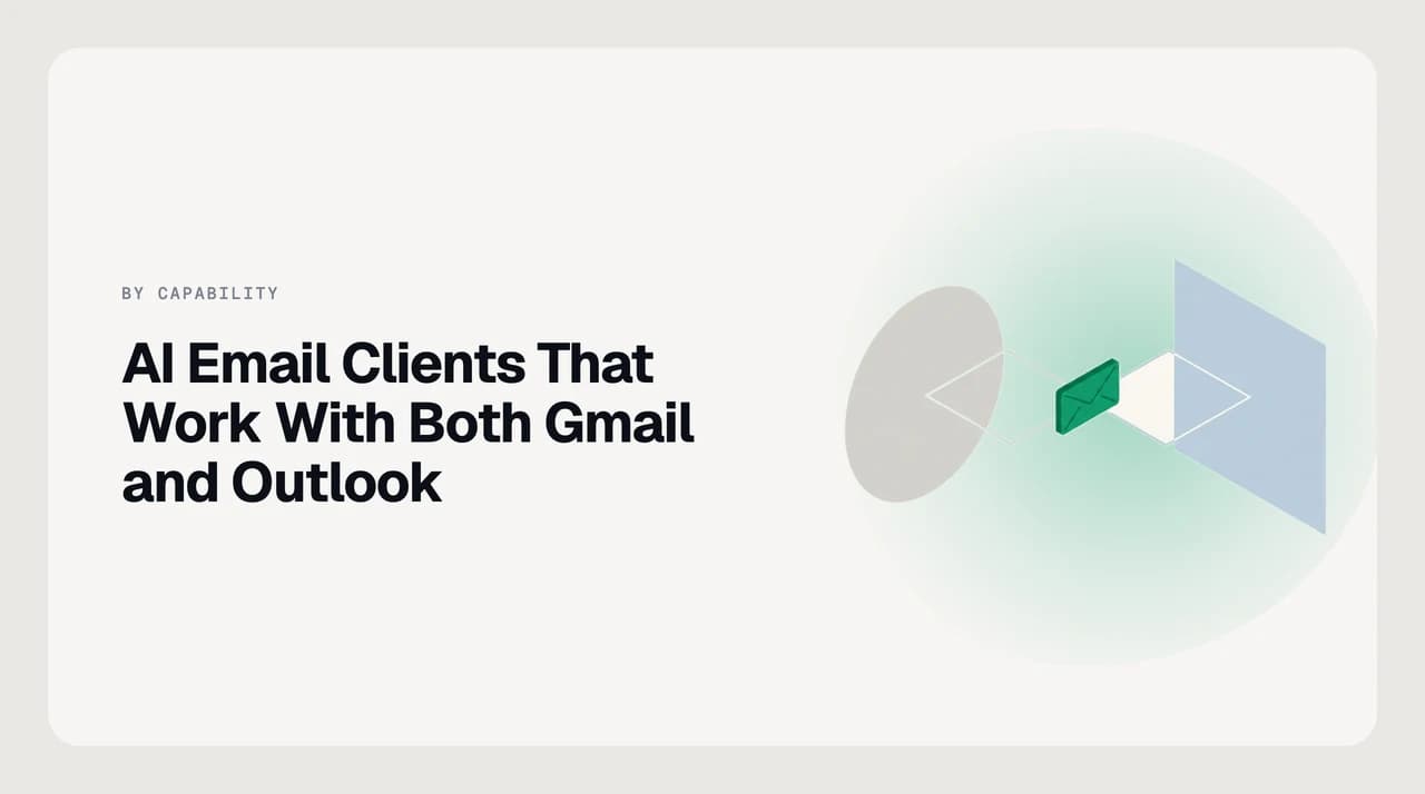 Cross-provider AI email client illustration: one AI inbox spanning Gmail and Microsoft Outlook accounts