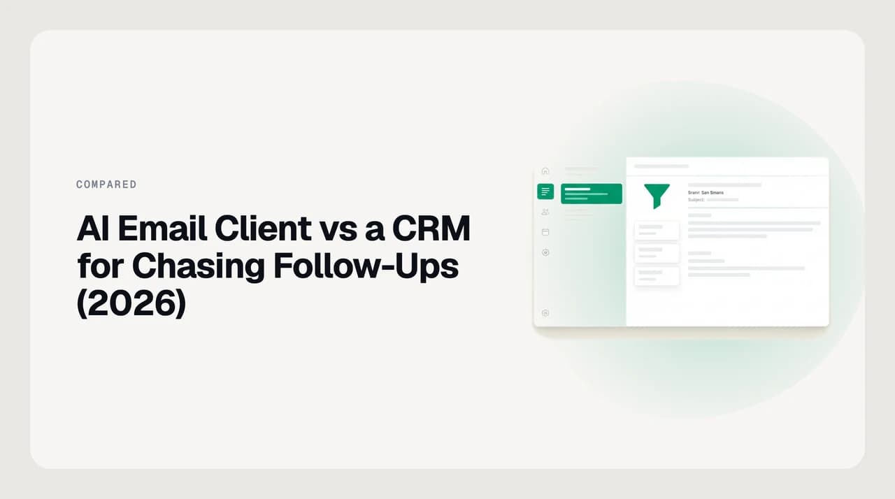 Side-by-side illustration comparing an AI email client that drafts follow-up nudges against a CRM that records follow-up reminders on a deal timeline