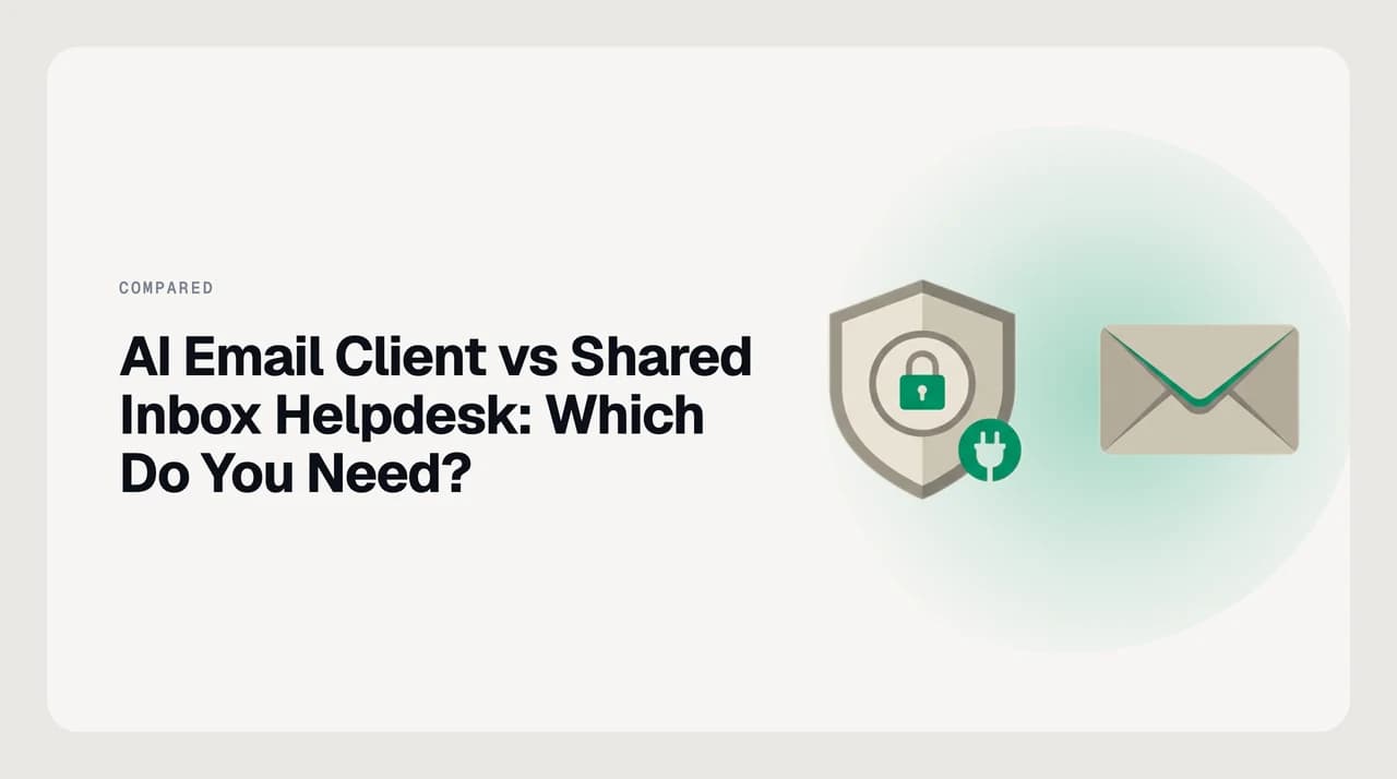 Split illustration comparing an AI email client for one owned inbox with shared inbox helpdesk software for a team support queue