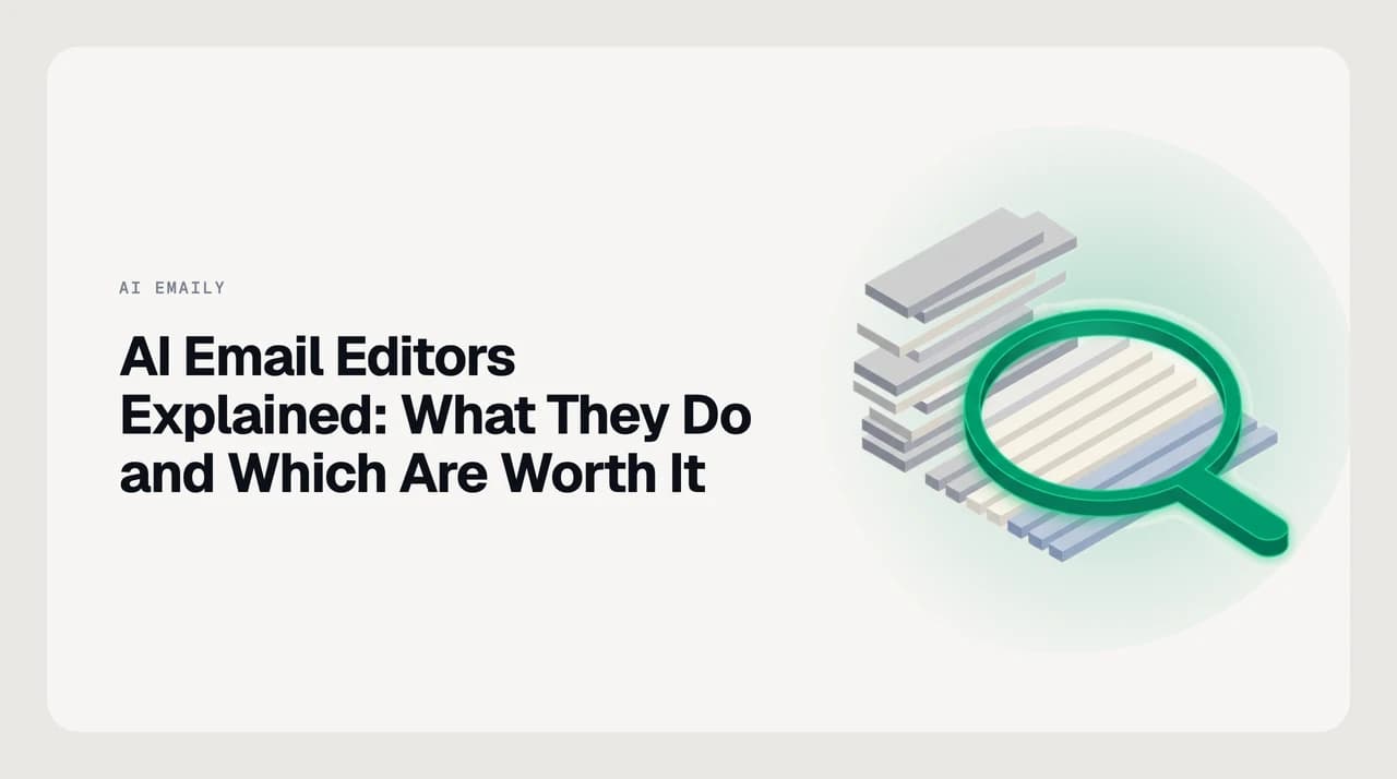 AI Emaily blog cover showing an AI email editor reviewing tone and grammar suggestions on a professional email draft before sending
