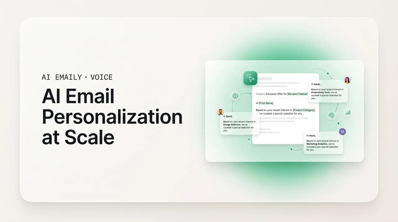 AI Emaily blog cover for AI email personalization at scale, showing one email personalized for many recipients