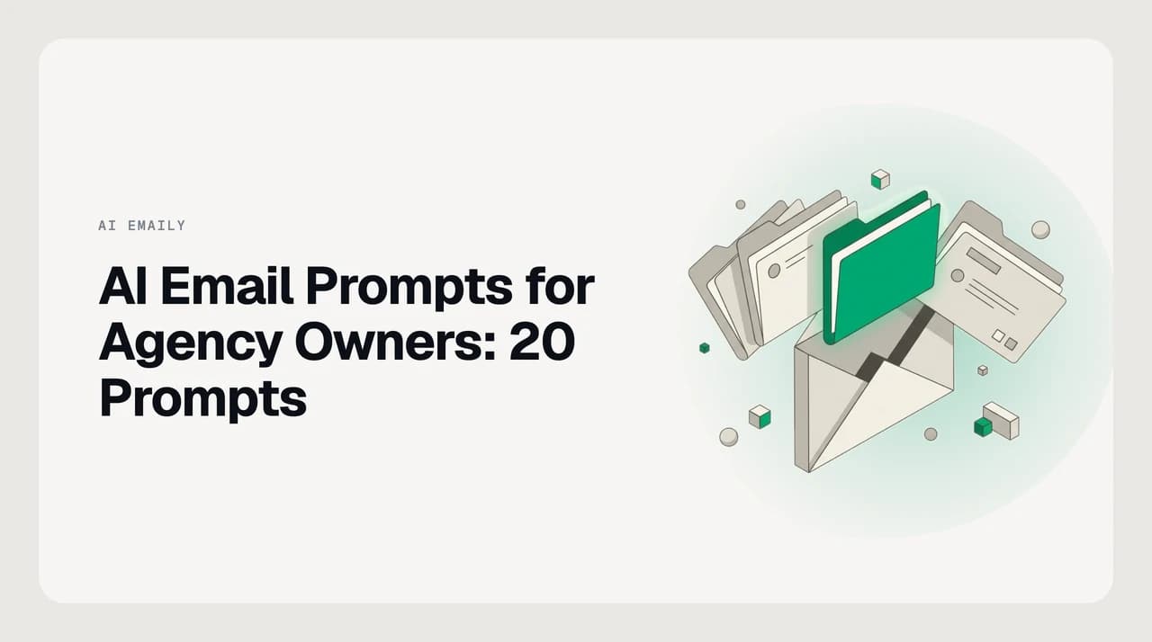 AI email prompts for agency owners — 20 copy-paste prompts covering scope-creep pushback, invoice chases, rate increases, monthly reports, and pitch follow-ups