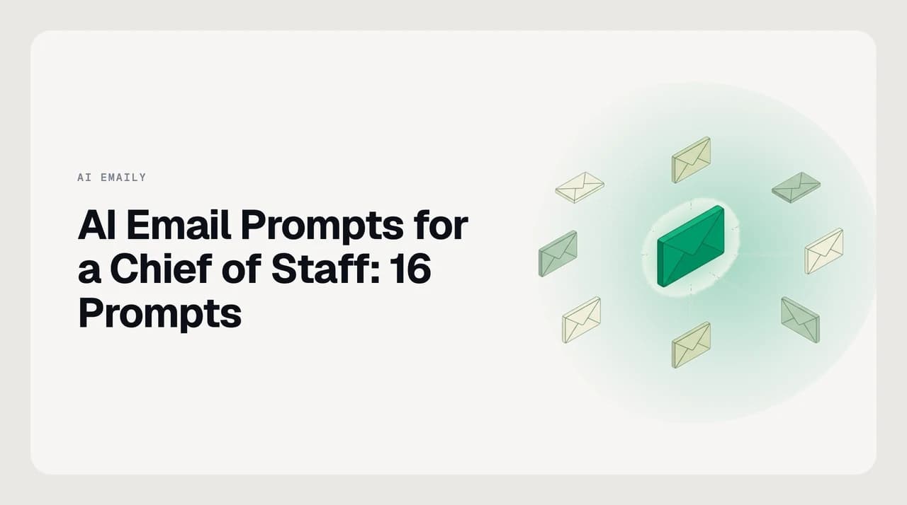 AI Emaily blog cover for AI email prompts for a chief of staff, showing structured exec briefing output separating decided, proposed, and open items with source attribution from an email thread