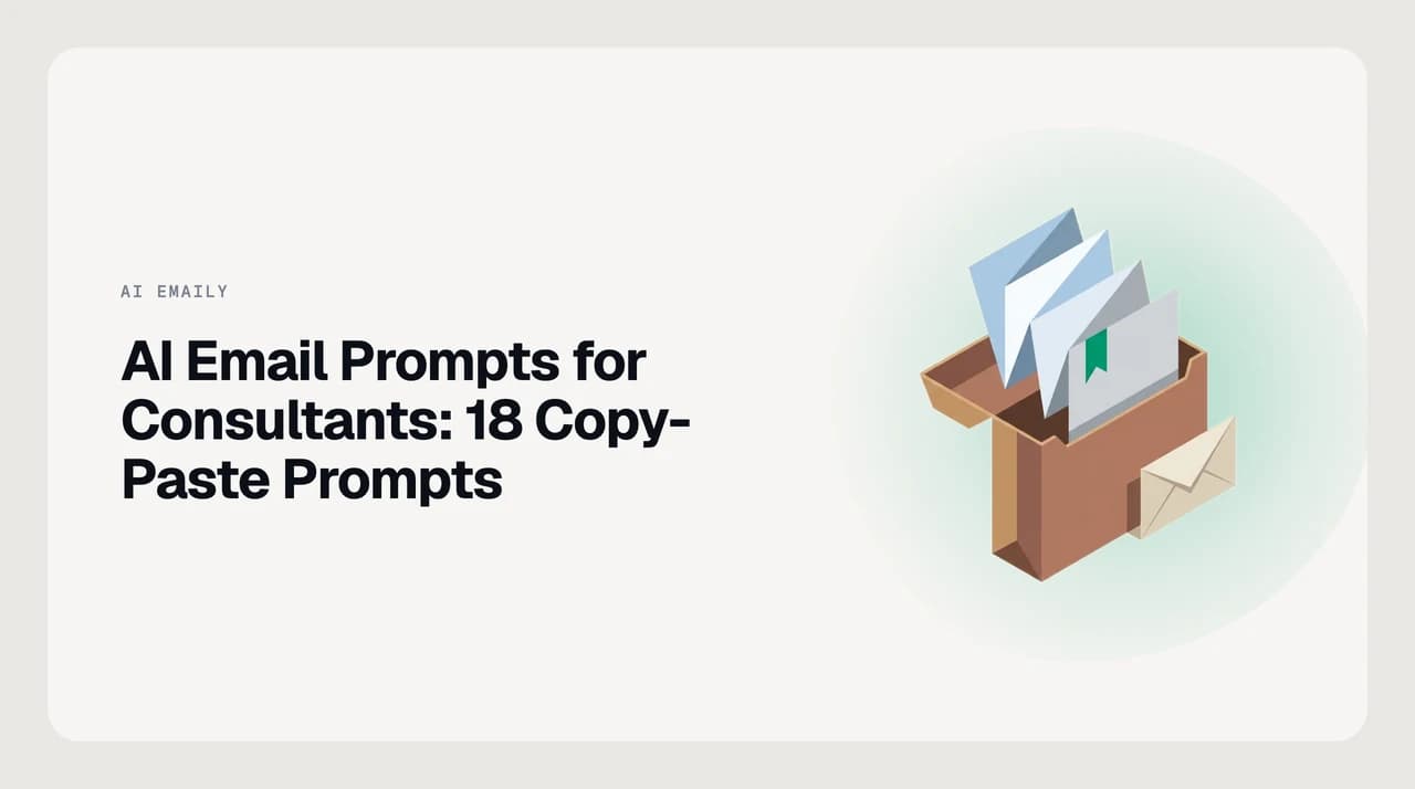 AI email prompts for consultants shown as a structured prompt library covering proposal follow-ups, stakeholder updates, and findings previews