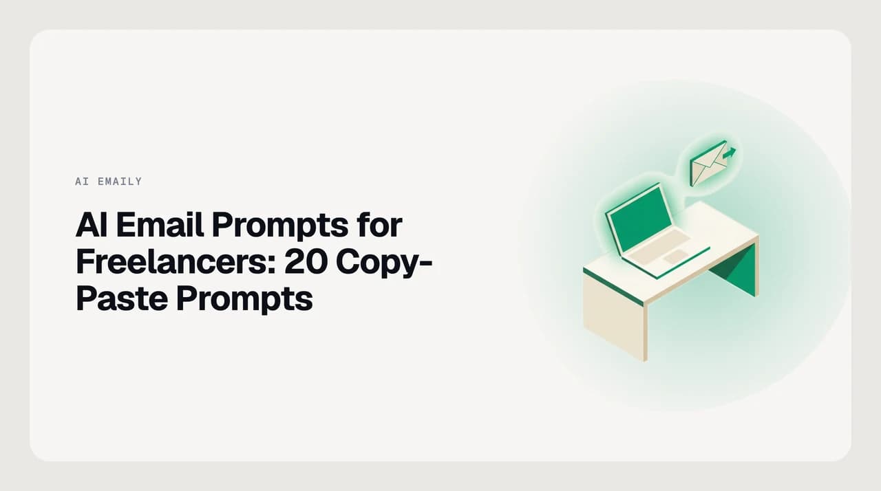 AI Emaily blog cover for AI email prompts for freelancers, showing an AI drafting a rate increase email for a solo professional