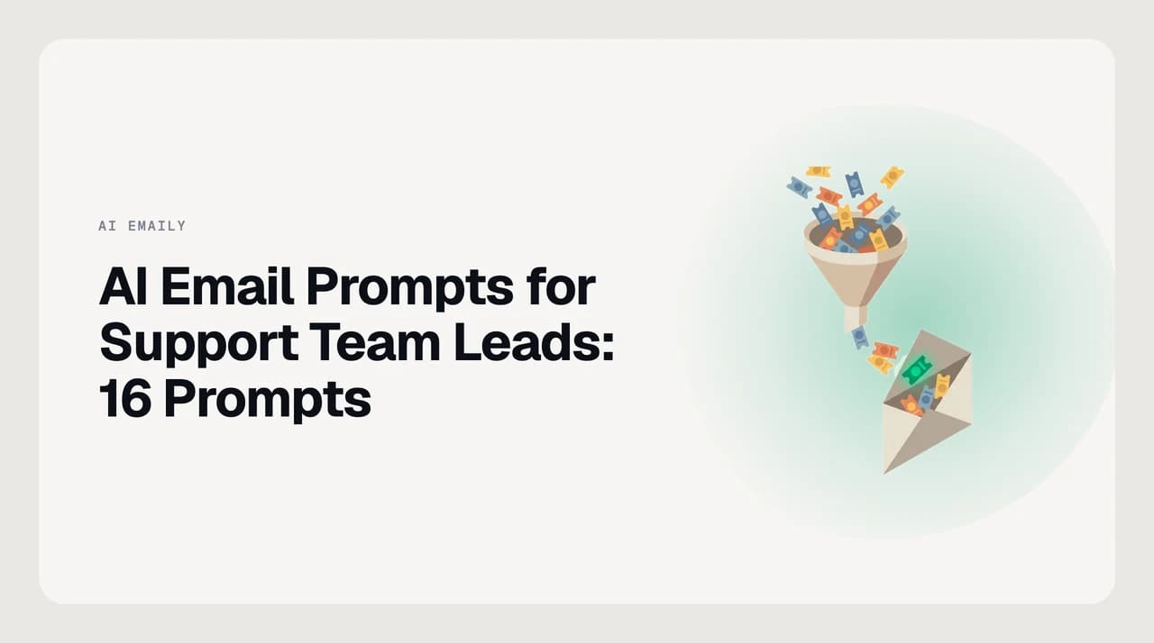 AI Emaily blog — AI email prompts for support team leads, showing escalation handoff and shift handover prompt templates on a support inbox dashboard