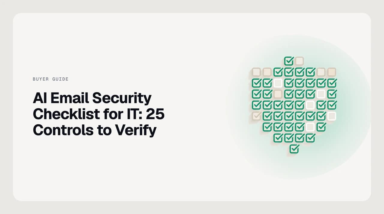 IT security checklist for AI email tools showing 25 controls in five groups, each labelled verifiable or asserted with a pass-fail summary for AI Emaily