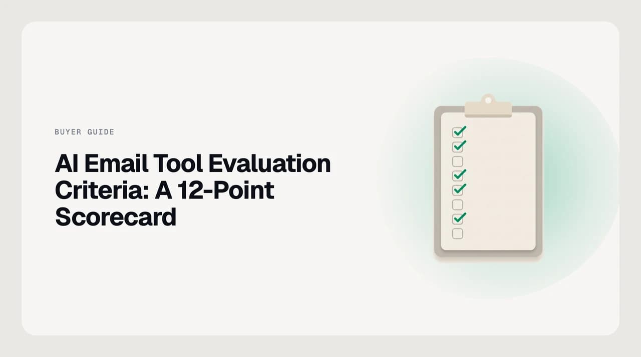 AI Emaily blog cover for ai email tool evaluation criteria, showing a 12-point scorecard for comparing AI email software