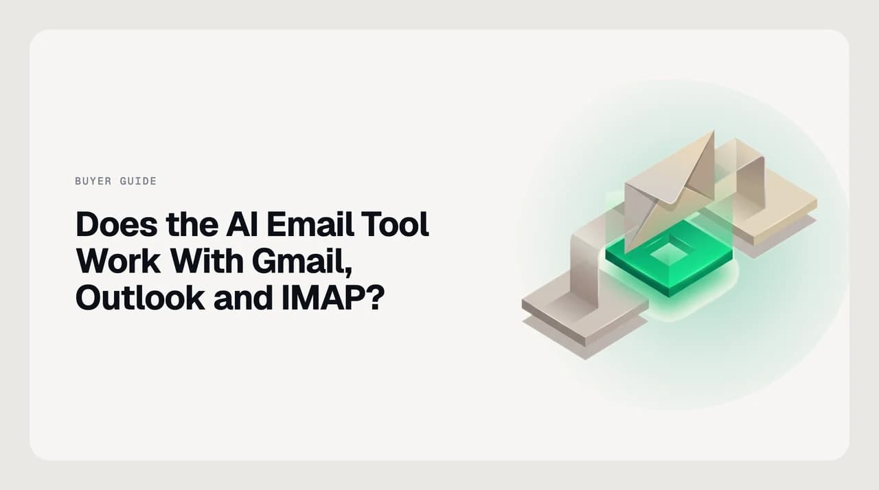 AI Emaily blog cover for ai email tool compatibility with Gmail and Outlook, showing a checklist of provider coverage tests for IMAP, Microsoft 365 and Google Workspace