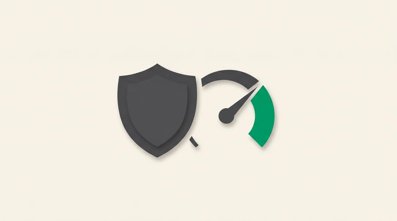 A shield beside a risk gauge with the needle resting inside a marked zone, representing a measurable level of email vendor continuity risk