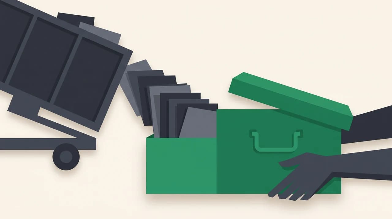 A container tipping stacked cards into a sturdy archive box that is being carried away, representing what an email export actually takes with you