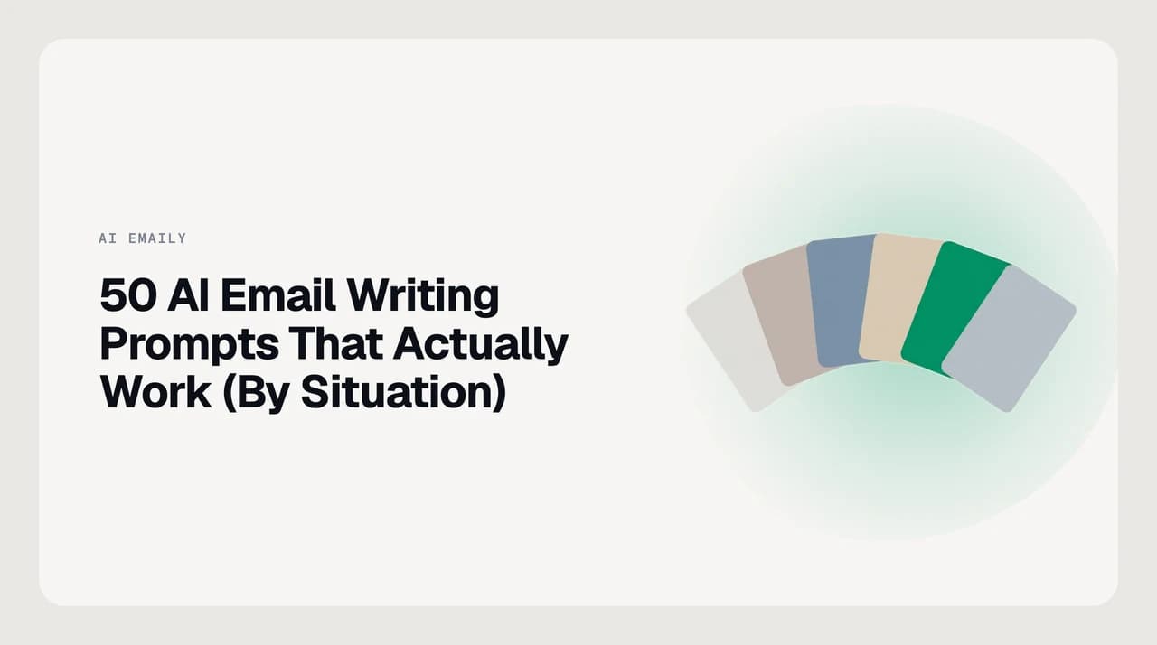 AI Emaily blog cover for 50 AI email writing prompts organized by situation, showing labelled prompt cards for follow-up, cold outreach, decline, apology and support