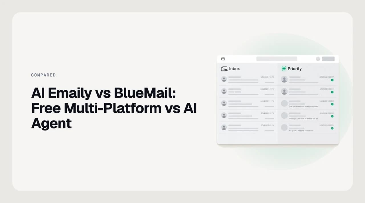Split illustration comparing AI Emaily's approval-first AI agent with BlueMail's free unified inbox across Windows, Mac, Linux, iOS and Android