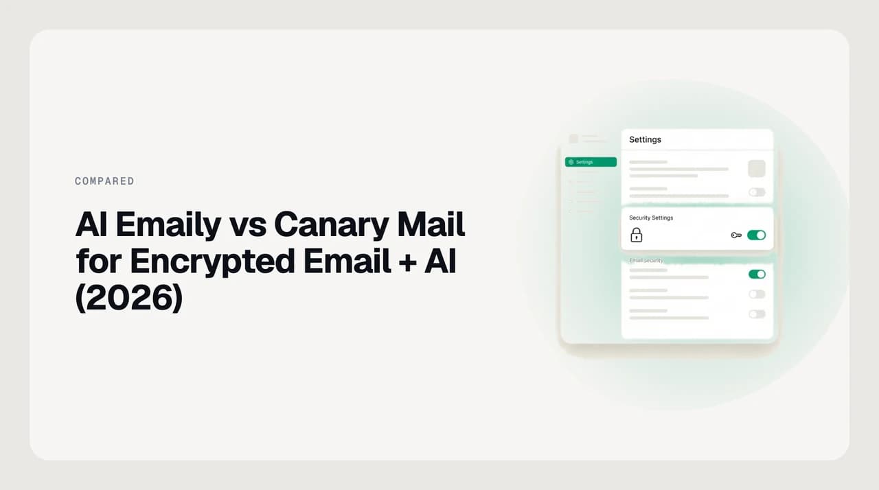 AI Emaily vs Canary Mail for encrypted email — a PGP-sealed message on one side and an AI triage queue on the other, showing which parts of a mailbox an assistant can read