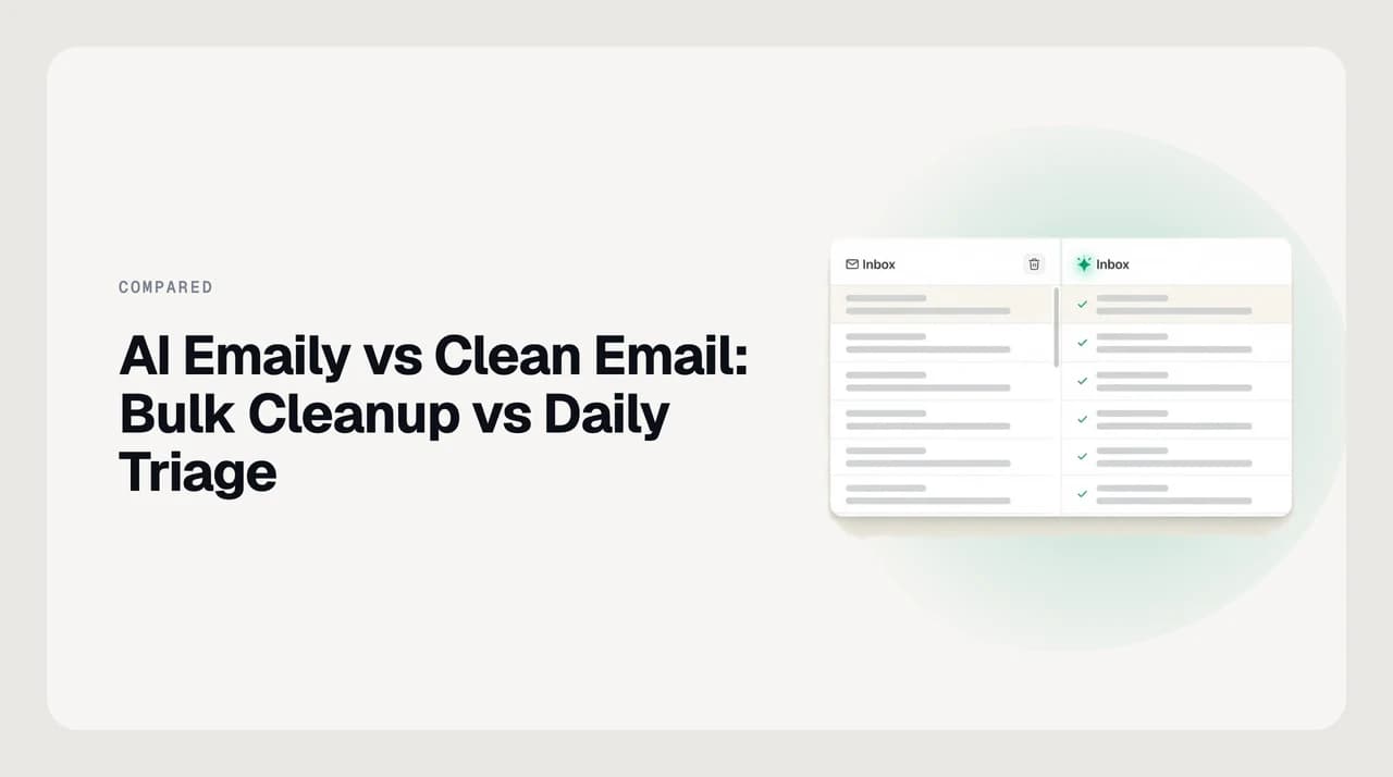 Split illustration contrasting a one-time inbox cleanup sweep with an ongoing AI-triaged inbox, representing AI Emaily vs Clean Email
