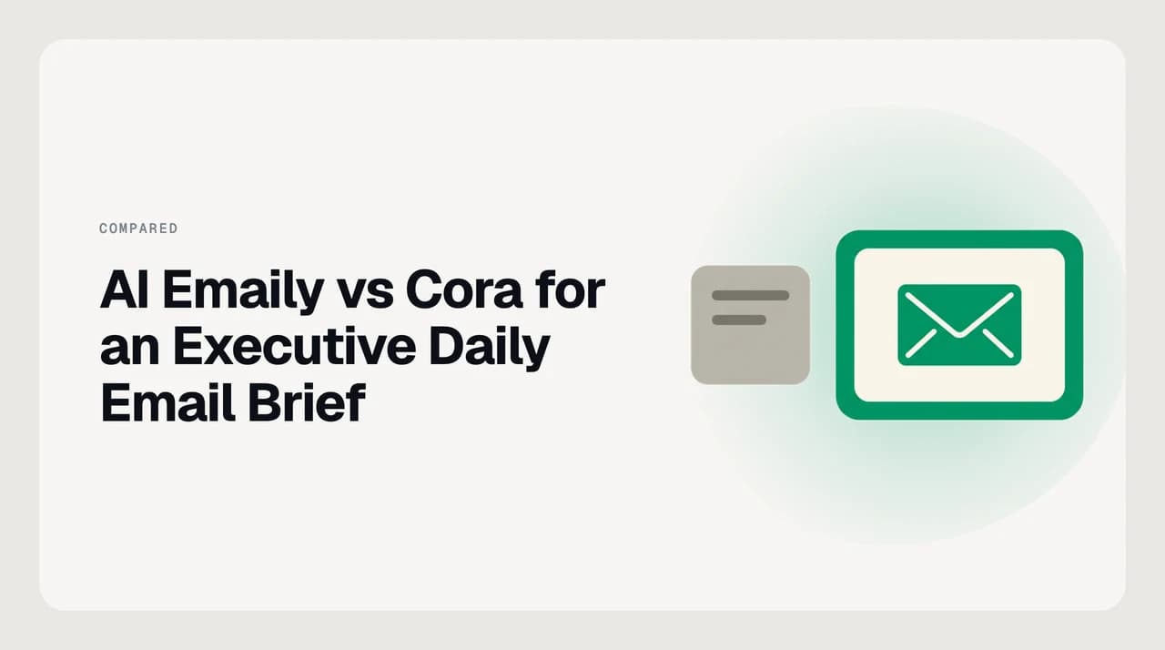 Split illustration comparing Cora's twice-daily email Brief with AI Emaily's full AI email client for an executive daily email brief