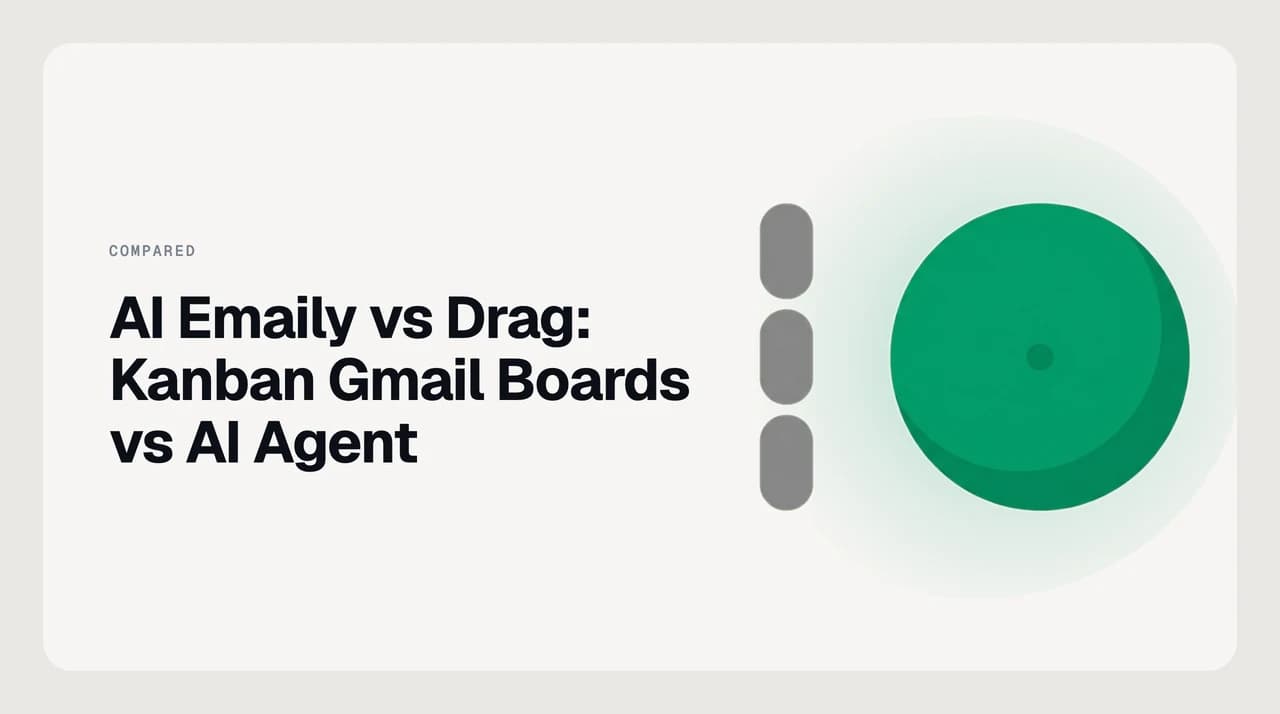 AI Emaily vs Drag app for Gmail comparison cover: a Kanban shared-inbox board inside Gmail beside a multi-provider AI email agent