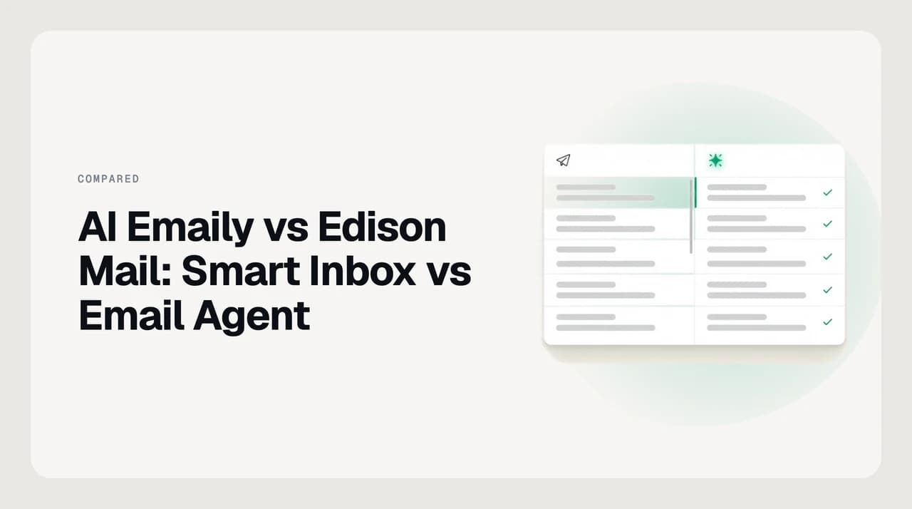 Split illustration comparing AI Emaily, an AI work-email assistant, with Edison Mail, a consumer inbox app for tracking packages and receipts