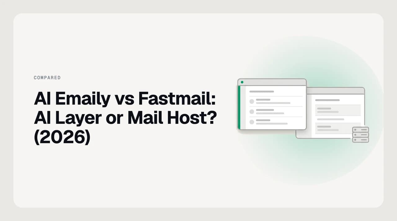 Diagram comparing AI Emaily as an AI email client layer sitting on top of a Fastmail-hosted mailbox connected over IMAP