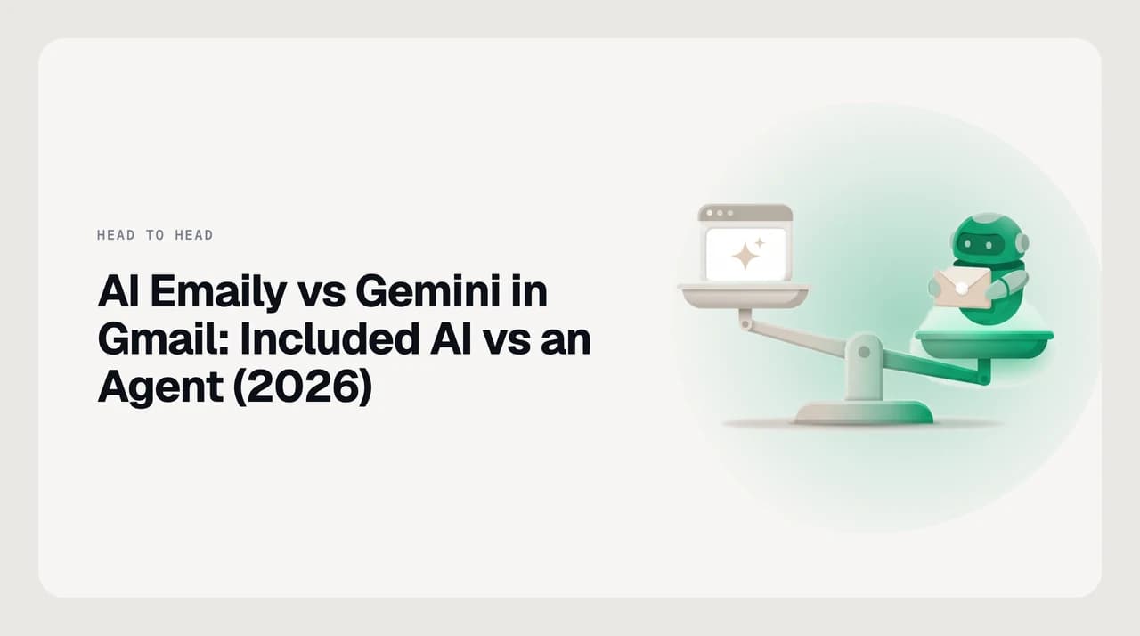 AI Emaily vs Gemini in Gmail comparison — an AI email agent with approval gates and an audit trail on one side, a drafting and summarisation assistant built into the Gmail compose window on the other