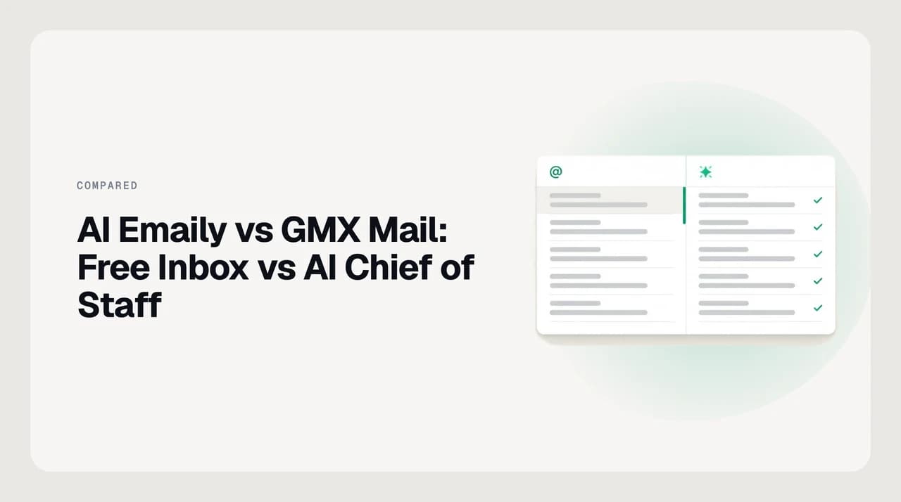 Split illustration of a free GMX inbox on one side connected by a bridge to an AI agent layer on the other, representing AI Emaily vs GMX Mail