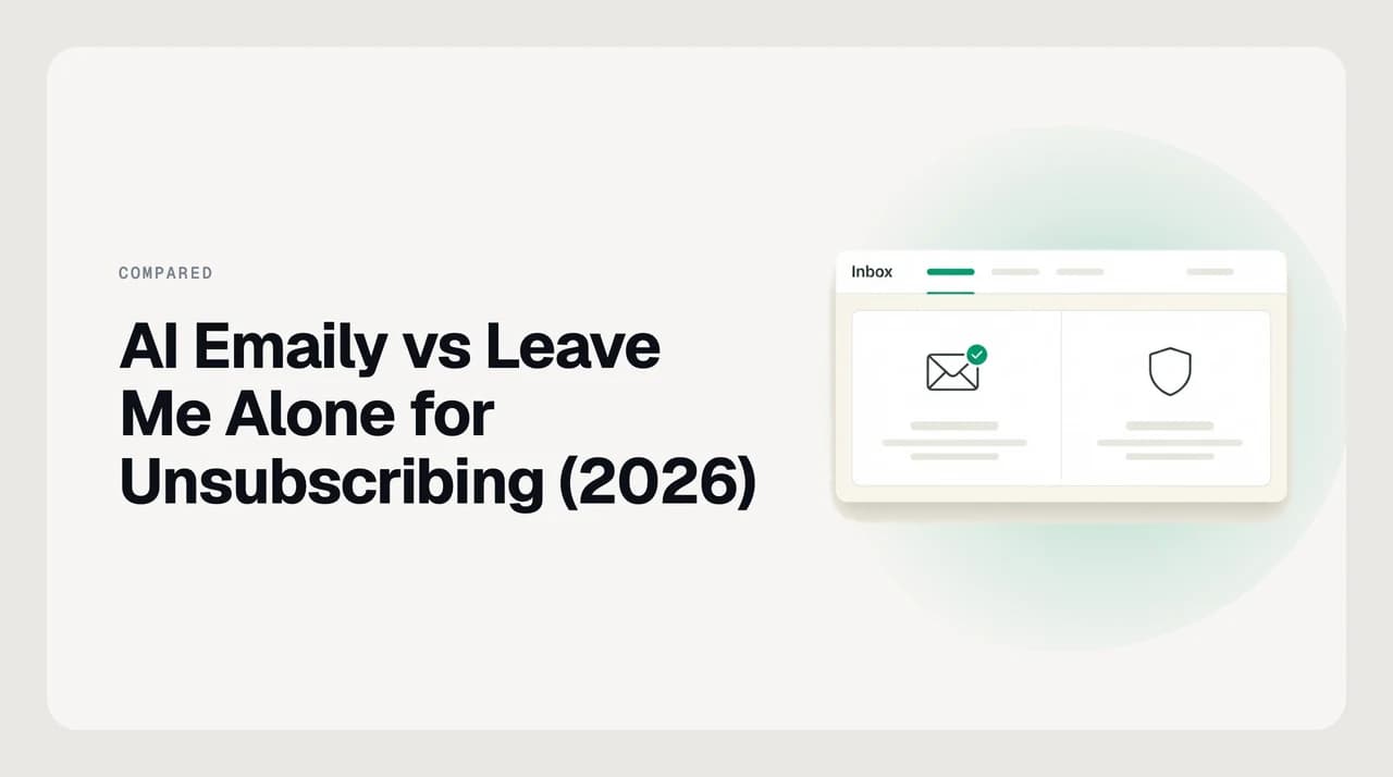 Comparison illustration for AI Emaily vs Leave Me Alone unsubscribe: one path sends real unsubscribe requests to mailing lists, the other filters unsolicited mail continuously inside the inbox