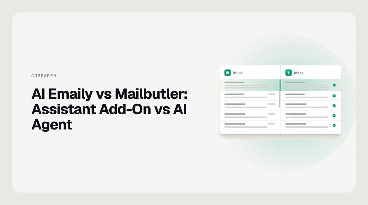 Split illustration comparing AI Emaily, a standalone AI email client, against Mailbutler, an AI add-on layered onto Apple Mail, Gmail and Outlook