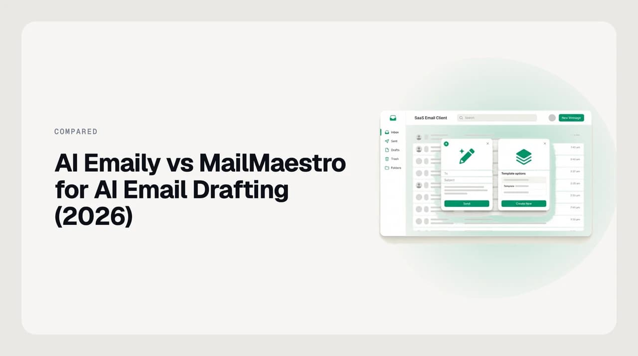 AI Emaily vs MailMaestro for drafting emails — a drafting add-in panel inside an existing mailbox on one side, a full AI email client that triages, drafts and files on the other